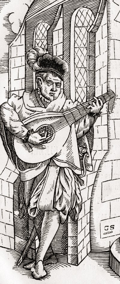 A Troubadour, detail of a woodcut, engraved by Georg Scharffenberg, from Der Todten Tanz, published Basel, 1843 by Unbekannt Unbekannt